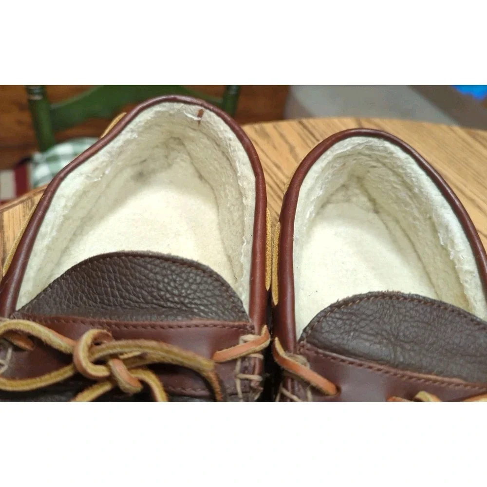 L.L. Bean Mens Moccasin Slippers Brown‎ Leather Moc Toe Bow Shearling Lined 11M
